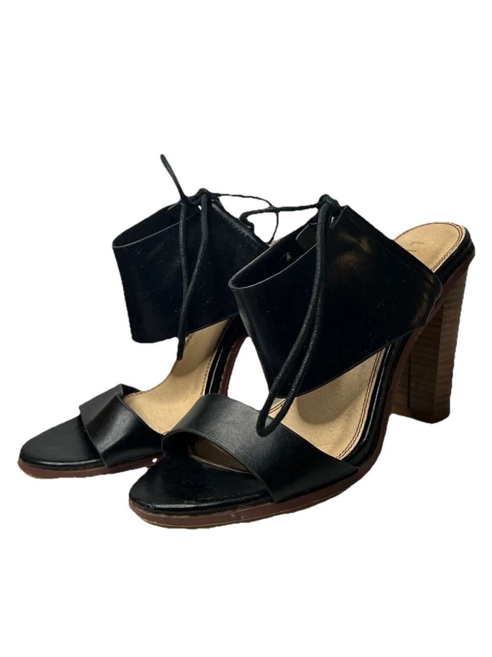 Liliana Black Faux Leather Lace Up Block Heel Sandals Shield Cuff Sz 8.5